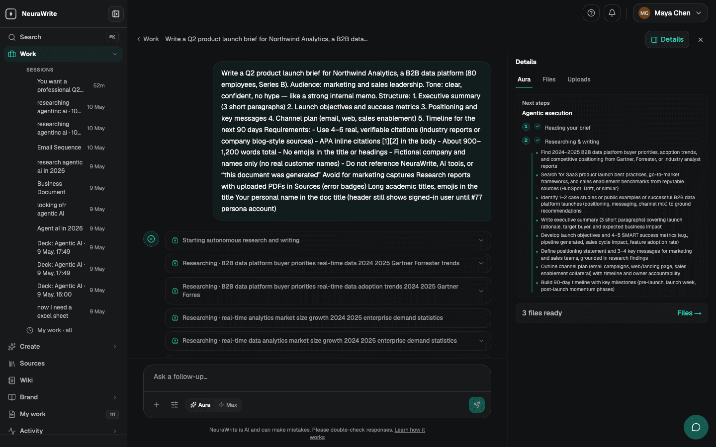 NeuraWrite chat showing an agent run with research sources and a deliverable