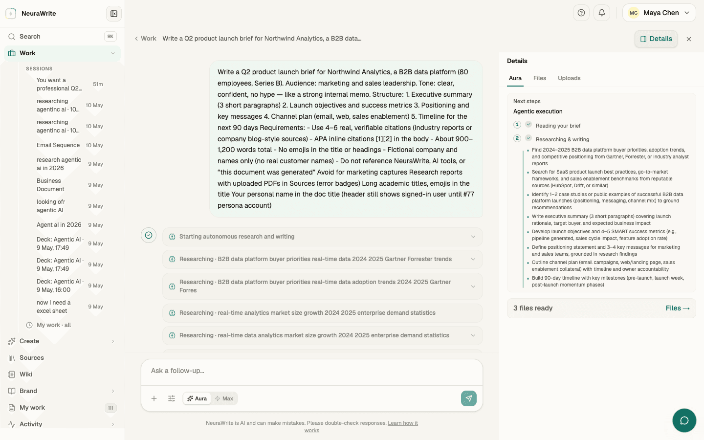 NeuraWrite chat showing an agent run with research sources and a deliverable