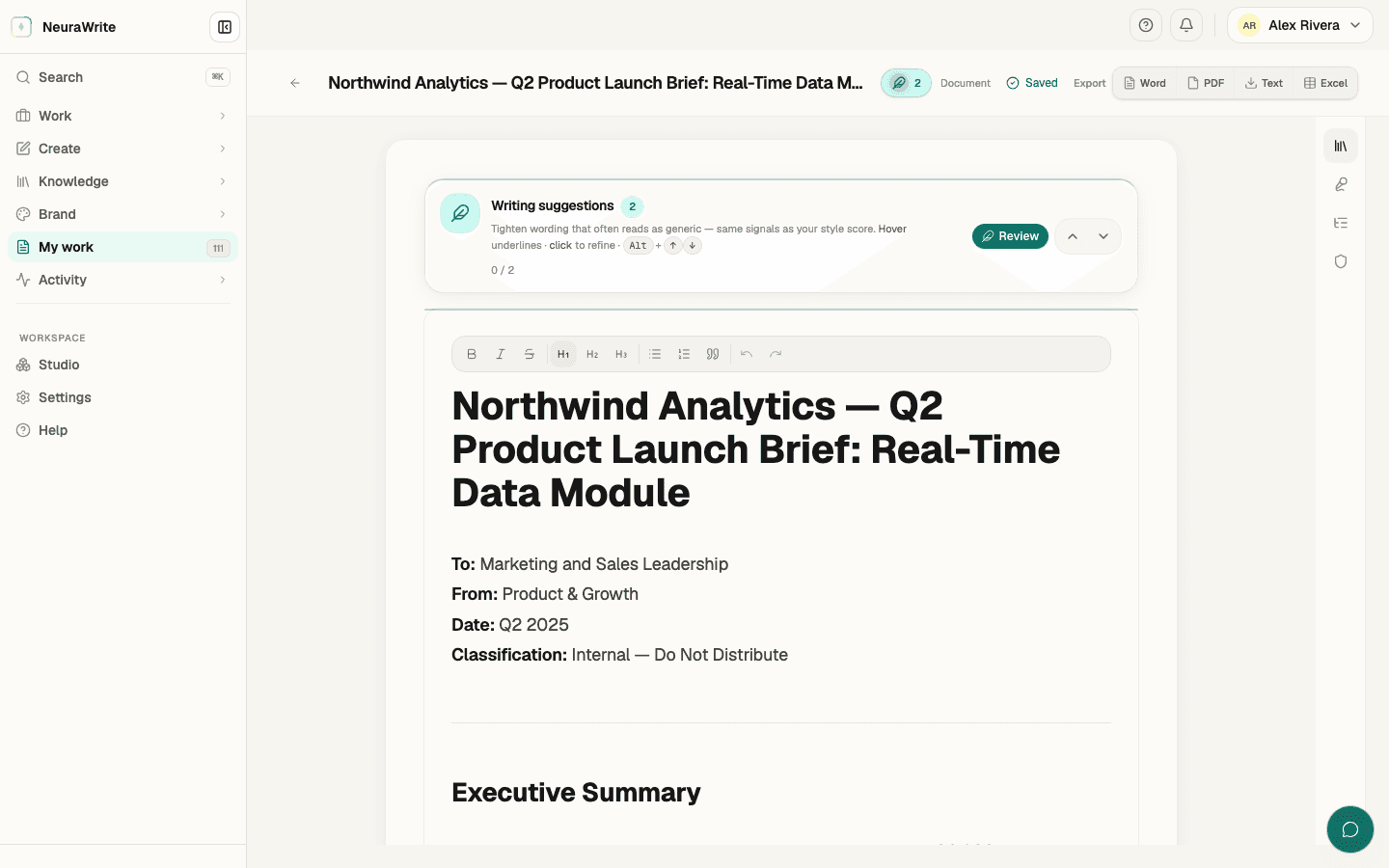 NeuraWrite document editor with formatting toolbar and quality rail